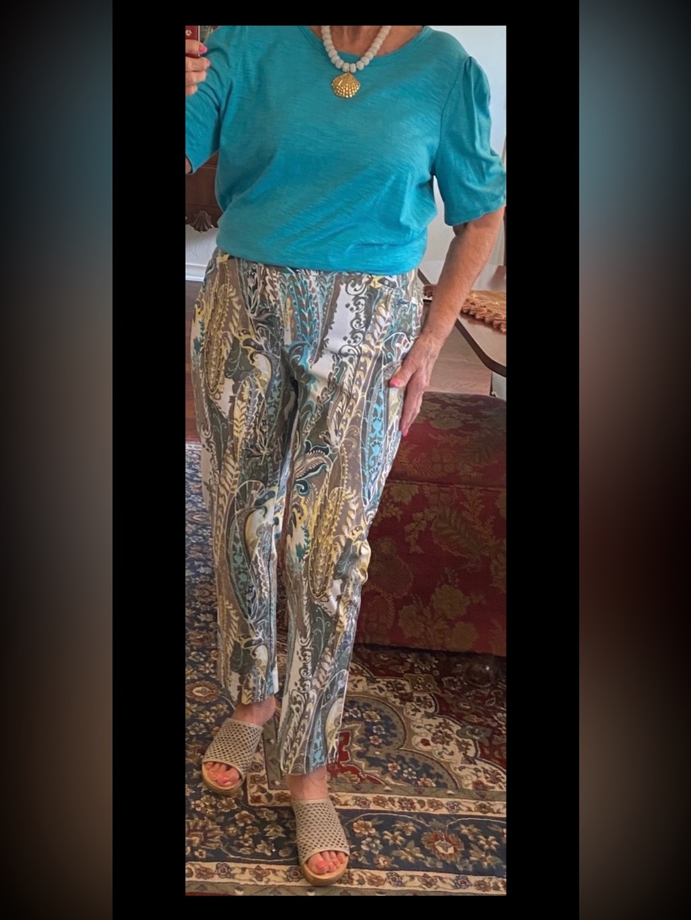 Chico's Paisley Print Josie Slim Ankle Pants — Teal, Olive & Yellow